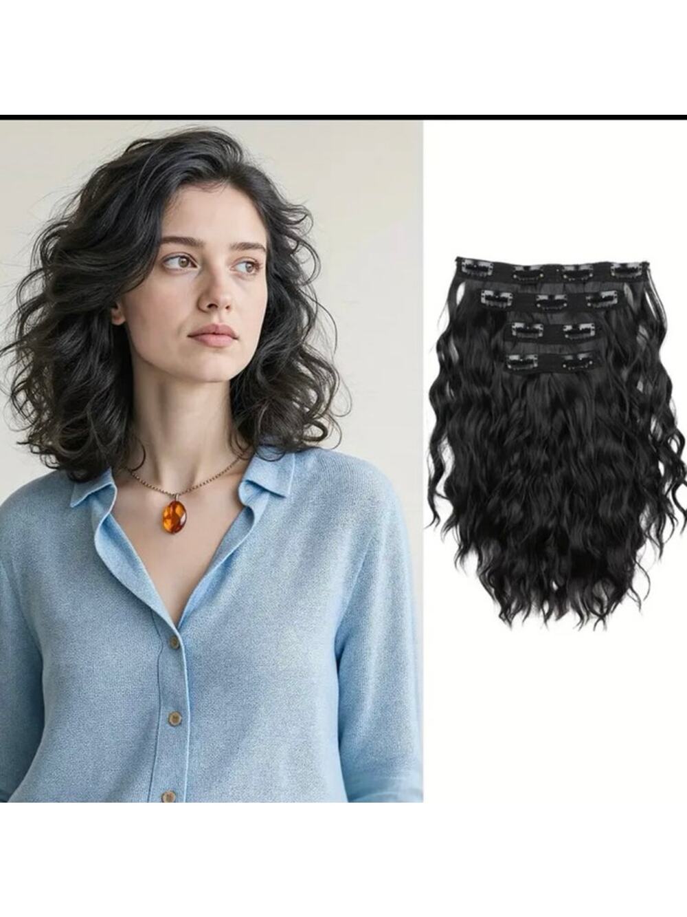 12” curly hair extension clip in - black